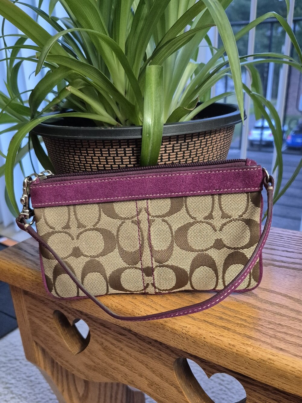 Coach Signature Canvas Wristlet with Purple Trim. GOOD EXTERIOR. INTERIER FLAWS
